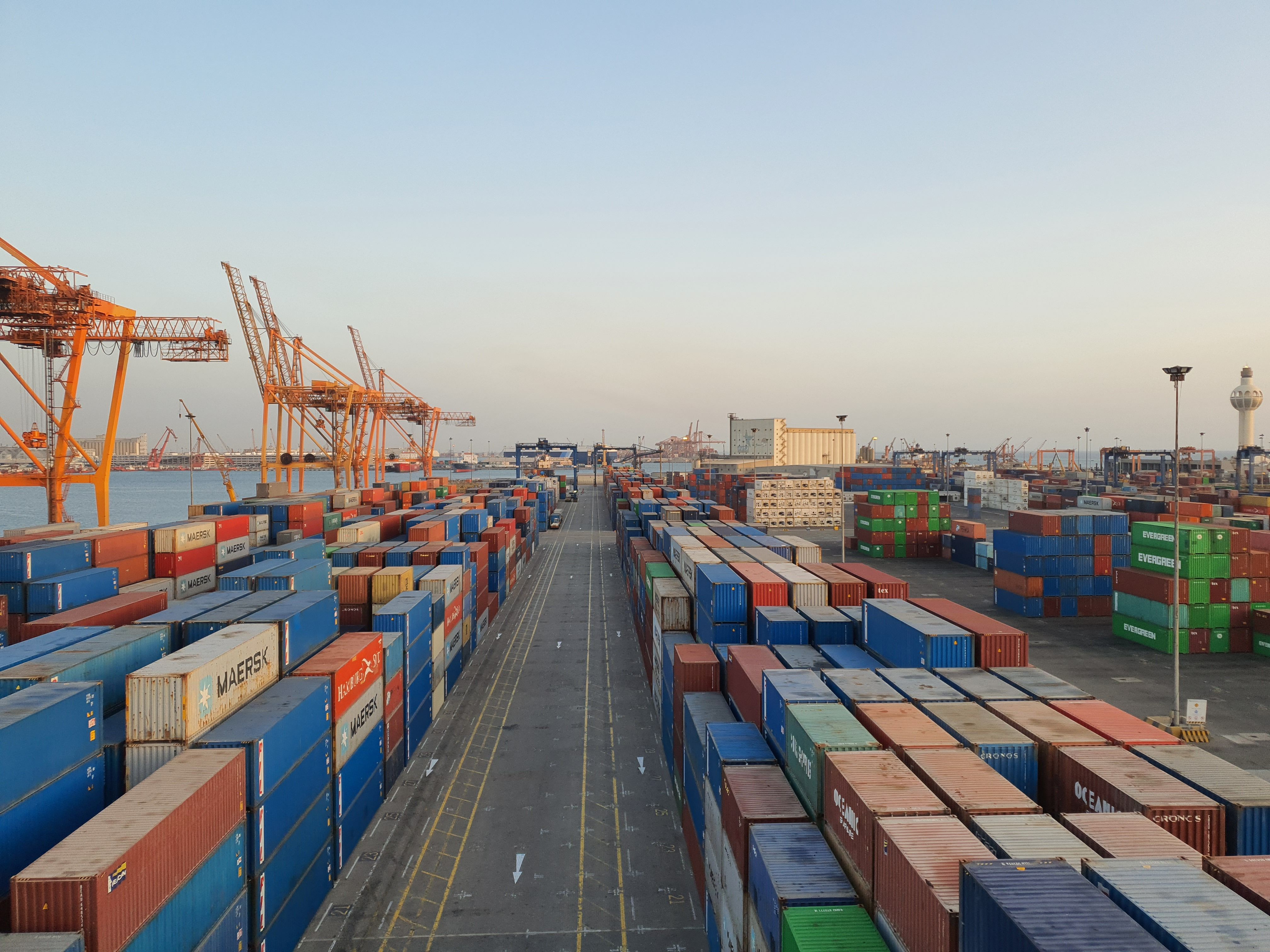 Container ship loading at golden hour beneath the gantry cranes